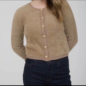 Tan Taupe Teddy soft furry crop length gold button Cardigan Sweater Jacket​